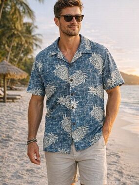 Palmwave Hawaii Pineapple Print Button Front Shirt Blue White Cotton Tropical L